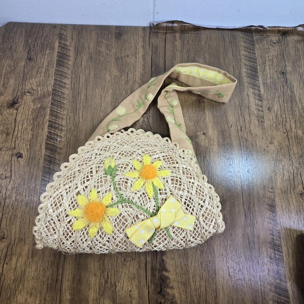 Vtg Sisal Straw Cottagecore Sunny Yellow Flower Bag - Picture 5 of 9